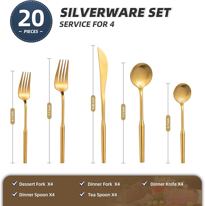 Matte Silverware Eating Utensils Set, 20-Piece Stainless Steel Flatware Set, Kitchen Utensil Set Service for 4, Durable Home Kitchen Silverware,Luxury Cutlery Set. (Gold, 20)