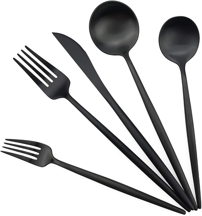 Gugrida Black Flatware, Royal 5 Piece Luxury Matte Finish 18/10 Stainless Steel Tableware Sets for 1 Including Forks Spoons Knives, Camping Silverware Travel Utensils Set Cutlery (Black)