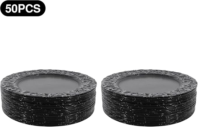 50 Pcs Antique Charger Plates Bulk 13" Round Floral Chargers for Dinner Plates, Black Charger Plates for Wedding, Party, Elegant Tabletop Decor (Black)