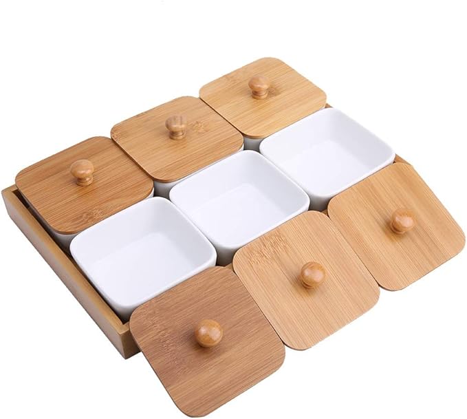 Ceramic Appetizer Serving Plate with Tray Cover, Snack Serving Plate for Fruits Nuts Desserts, BPA - Free White Ceramic Square Bowl with Separate Compartments, Modern Design (Six compartments with