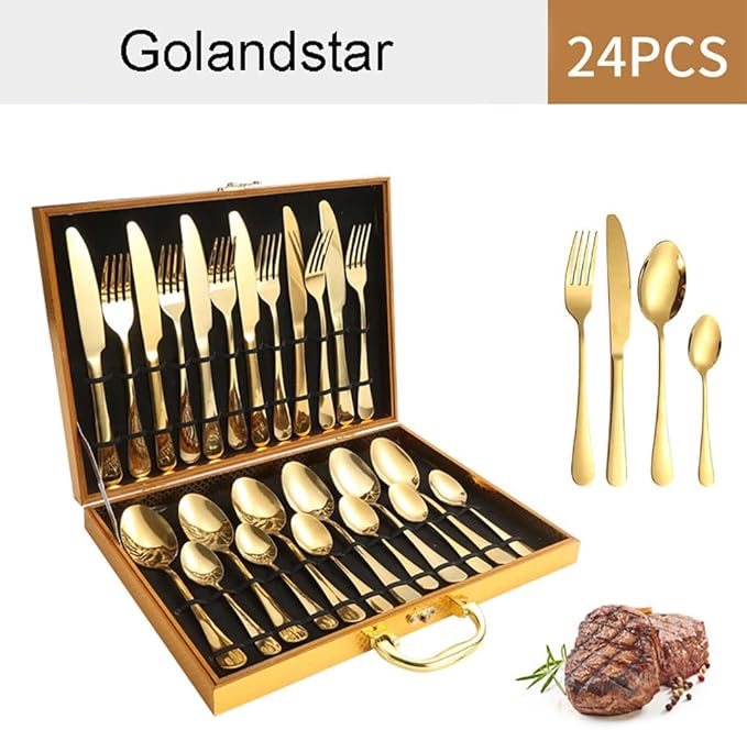Gift Box 24pcs Set Cutlery Dinnerware 410 Stainless Steel Flatware Set Tableware Suit Dinner Spoon Fork Knife Flatware Serving Sets (Gold + White)
