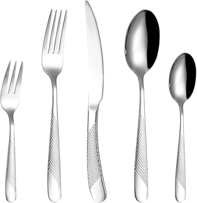 diamond hammered silverware set, 30-piece cutlery set for 6 people, Checkered Handle Stainless Steel Flatware serving set - Cutlery Set For Home Kitchen