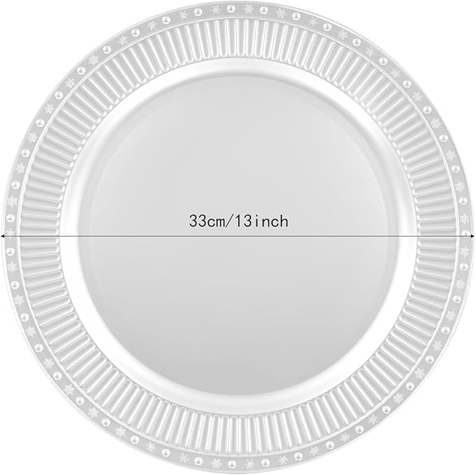 100 Pcs Round Serving Plates 13in Antique Charger Plates Bulk Plastic Charger Plates Set with Stackable &　Edge Texture Pattern Table Chargers for Parties, Weddings, Banquets, Restaurants（Silver）
