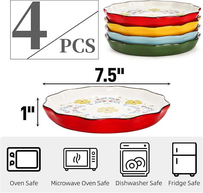 4 Pack Ceramic Dessert Plates, 7.5 Inch Small Floral Dinner Appetizer Plate, Lunch Salad Serving Dishes, Vintage Flat Pasta Bowl for Steak Fruit Pizza, Dishwasher & Microwave Safe
