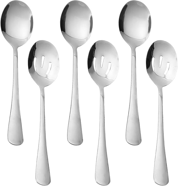 6 Pack Serving Spoons Set with 3 Serving Spoons and 3 Slotted Spoon, 8.6 Inch Large Stainless Steel Buffet Banquet Utensils Cutlery Set for Home, Kitchen, Party