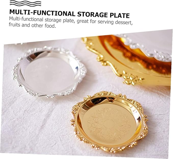 2 Pcs Stainless Steel Food Serving Trays Fruit Storage Plates for Snacks and Desserts Silver and Gold Pastry Platters for Family Restaurant Hotel Use