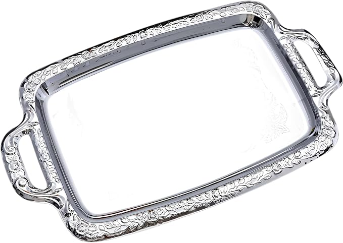 Silver Serving Tray with Handles, 16.1 in, European Style Stainless Steel, Metal Decorative Food Tray for Ottoman Coffee Tables and Parties