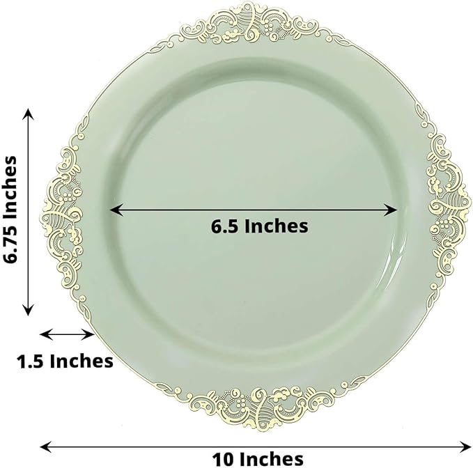10" Dinner Plates -Set of 10 - Plastic Sage Green Round Baroque Disposable Chargers Leaf Embossed Rim, Ideal for Dinner Party Wedding Bulk Events