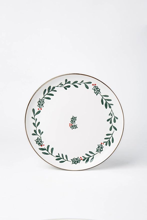 12-Piece Holly Pattern Ceramic Dinnerware Set, Holiday Matte Glaze Plates Bowls, Dishwasher & Microwave Safe, Daily Use & Christmas Tableware, White