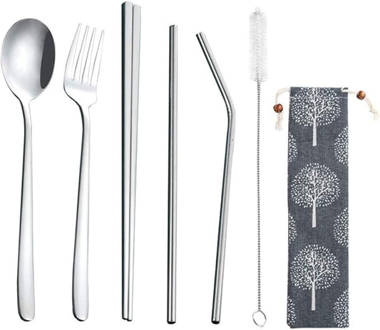3pcs/6pcs Set Cutlery Dinnerware 304 Stainless Steel Flatware Set Tableware Dinner Spoon Fork Chopsticks Sucker Flatware Serving Sets (Silver - 6pcs)