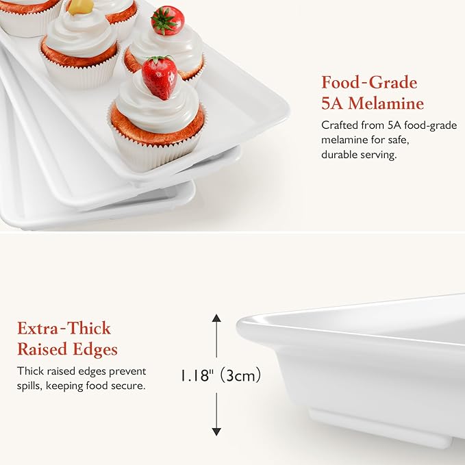 3-Tier Melamine Serving Tray Set, 11.5" x 5.6" Platters for Serving Food, White Reusable Trays with Black Metal Display Stand for Cupcakes, Sevring Food, Dessert, Fruit, Cookie, Black
