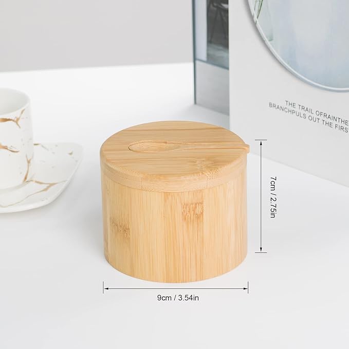 Bamboo Salt and Pepper Bowls with Spoon, Stacked Salt/Pepper Container with Magnetic Swivel Lids and Spoons, Modern Farmhouse Kitchen Decoror for Storing Salt, Herbs, Spices (1 Compartment)