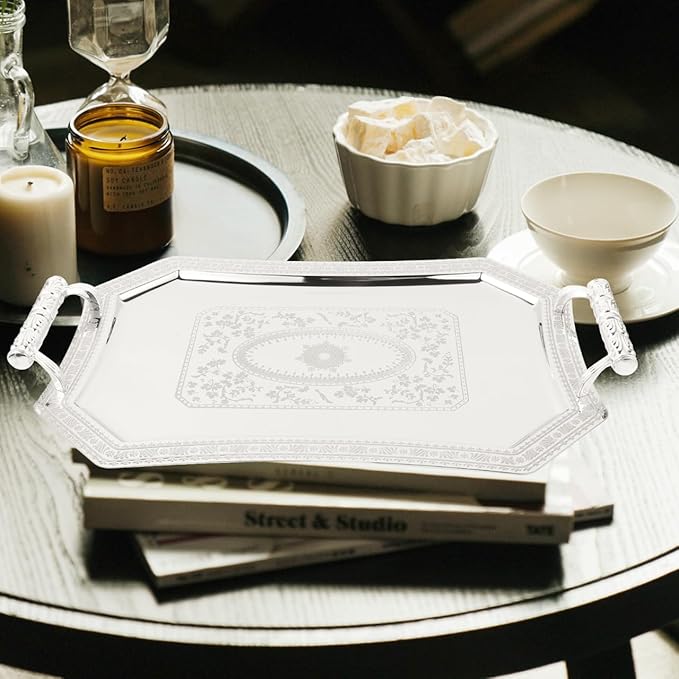 Milisten Binaural Tray Bread Plate Tray Stainless Steel Serving Plate Vintage European Style Metal Dessert Platter for Coffee Tea Cake Spaghetti Wedding Home Kitchen Restaurant, Antique Silver