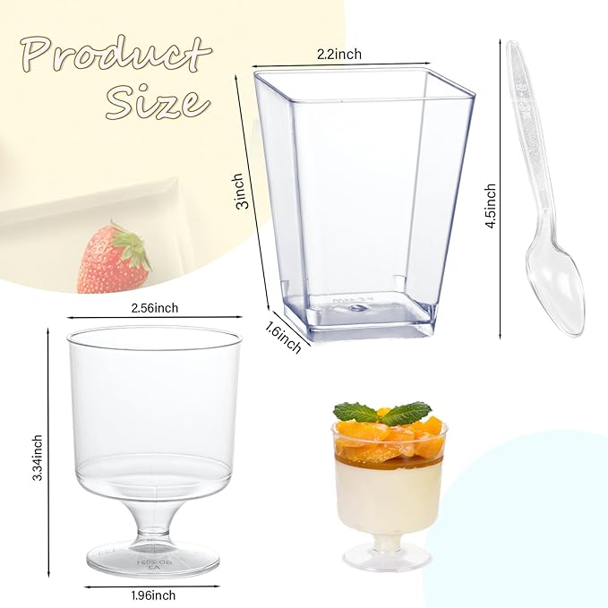 mwellewm 300 Packs Dessert Cups with Spoons, 5 OZ Mini Clear Plastic Dessert Parfait Cup for Party, Square Dessert Shot Glasse Round Goblet Small Reusable Fruit Ice Cream Pudding Appetizer Cup Bowls