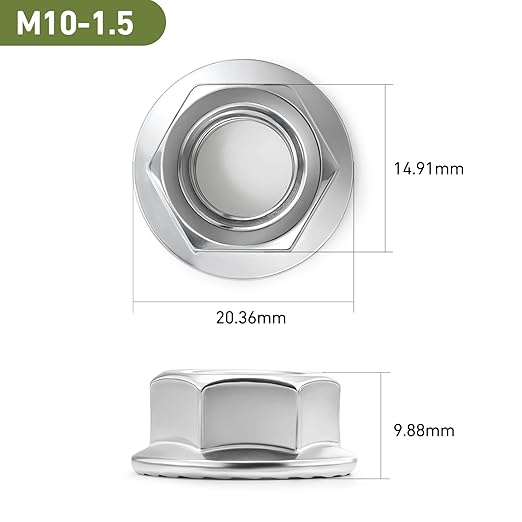 M10 Flange Nuts 32Pcs, Metric M10-1.5mm Serrated Flange Hex Nuts 304 Stainless Steel 18-8, Bright Plain Finish