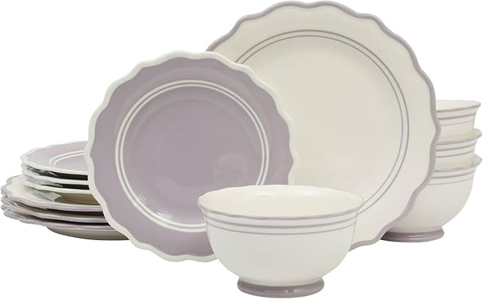 12-Piece Ceramic Dinnerware Set – 4 Dinner Plates, 4 Salad Plates, 4 Bowls, Purple and White Modern Tableware, Dishwasher & Microwave Safe (Iris)