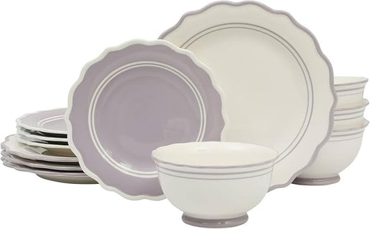 12-Piece Ceramic Dinnerware Set – 4 Dinner Plates, 4 Salad Plates, 4 Bowls, Purple and White Modern Tableware, Dishwasher & Microwave Safe (Iris)