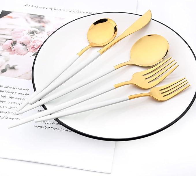 30-Piece Snplowum Mirror Flatware Serving Set, 18/0 Stainless Steel Dinnerware With White Handle, Modern Durable Home Kitchen Eating Tableware Set Service For 6 (White Gold)