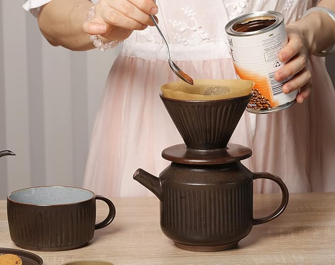 Pottery Pour Over Coffee Maker, Ceramic Cone Filter Hand Drip Coffee Dripper, Reusable Stoneware Pourover Coffee Brewer, Size 02 (Rustic Chocolate Brown)