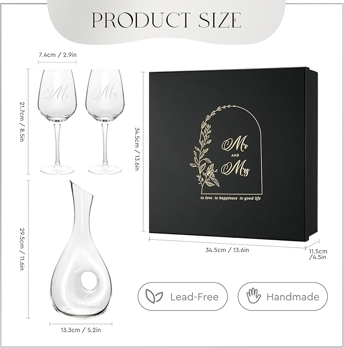 AW BRIDAL Mr and Mrs Wine Glasses for Wedding Bridal Shower Engagement Gifts, Wedding Glasses with Wine Decanter for Couples Newlyweds, Anniversary Bachelorette Party Bride Gifts