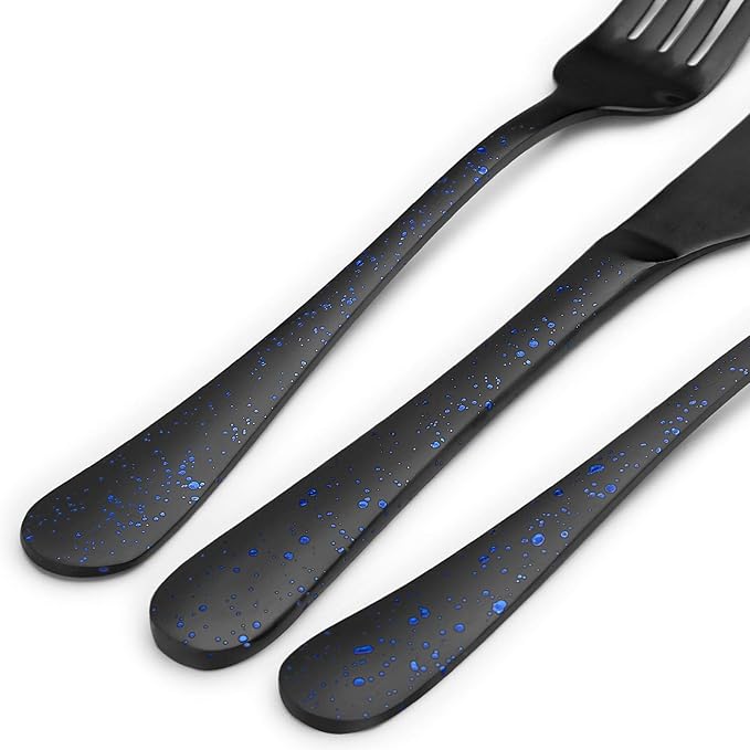 O.C.E. Matte Black Silverware Set, Stainless Steel Flatware, 20-Piece Tableware Cutlery Service for 4, Satin Finish Utensils, Dishwasher Safe (Starry Blue)