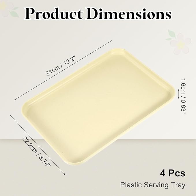 uxcell 4Pcs Plastic Serving Trays, 12.2 x 8.7 Inch Rectangle Food Trays Serving Cafeteria for Kitchen Restaurant Coffee Fruit Burger Lunch Dessert, Light Yellow