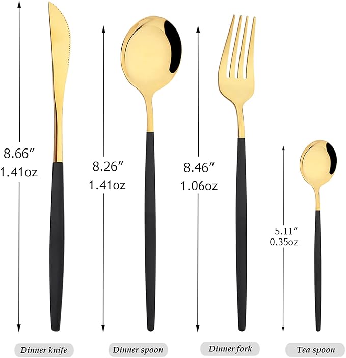 8-Piece Picnic Tableware Set, Mirror 18/0 Stainless Steel Couple Cutlery Set Include Knife, Fork, Spoon, Coffee Spoon, Metal Daily Basic & Classic Utensils For 2 People, Black Gold