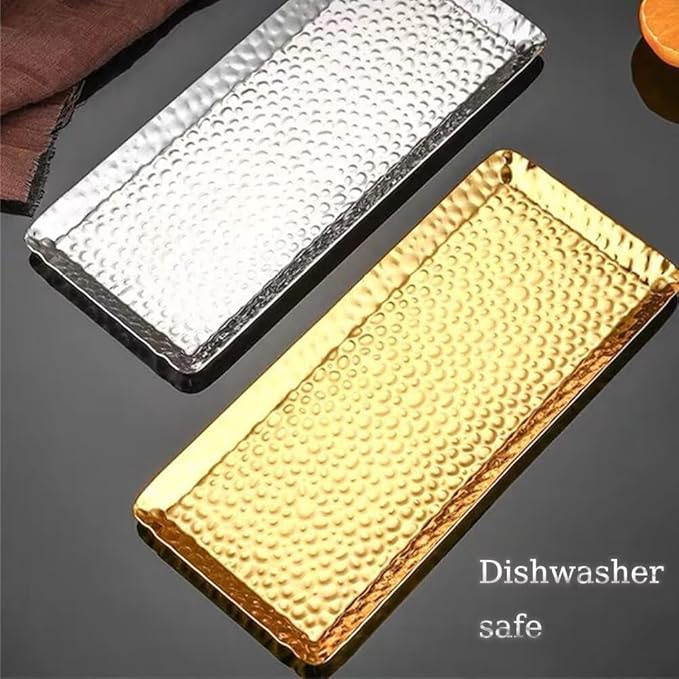 Decorative Tray Stainless Steel Serving Trays Hammered Rectangular 9.8 x 4.3 Inch Dessert Plates Reusable Fruit Stand for Living Room Kitchen Gold