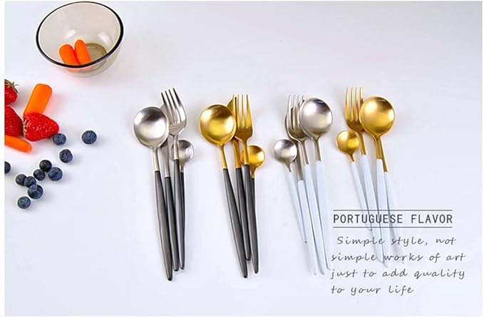 Lots 4pcs 304 Stainless Steel Tableware Dinner Spoon Fork Knife Flatware Serving Sets Spoons Forks Knives，Black + Silver-4