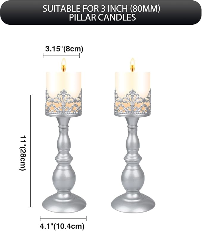 Candle Holders for Pillar Candles Gothic Matte Black Vintage Tall Candle Holders Set of 2 Decorative Large Table Centerpieces Candle Stand Decor (Pearl Silver 2PCS A)