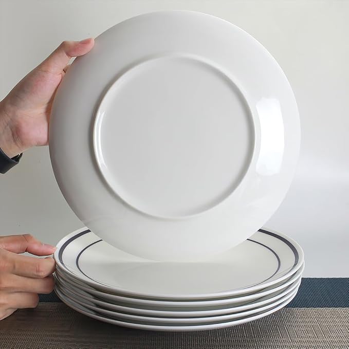 YFWOOD Ceramic Dinner Plates Set Of 6, 8 Inch Salad Plates, Contemporary Round Porcelain Tablewar, Suitable for Desserts, Appetizer, Pasta, Microwave Safe - White & Blue Double Line