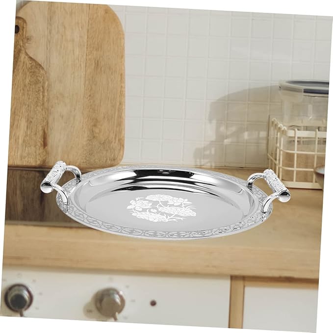 Healifty European Style Pattern Snack Serving Tray for Desserts and Fruits Multi Use Plate for Home Hotel and Restaurant Display Silver Decorative Holder for Nuts Candies and Cookies