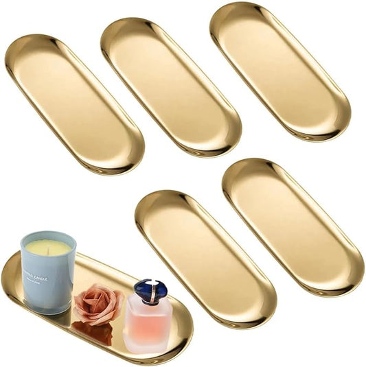 6PCS Stainless Steel Serving Tray Set Small Metal Trays Decorative Gold Platters for Serving Food Party 9" Long Plate Oval Storage Trays Thickened Serving Dishes for Entertaining Sushi Snack