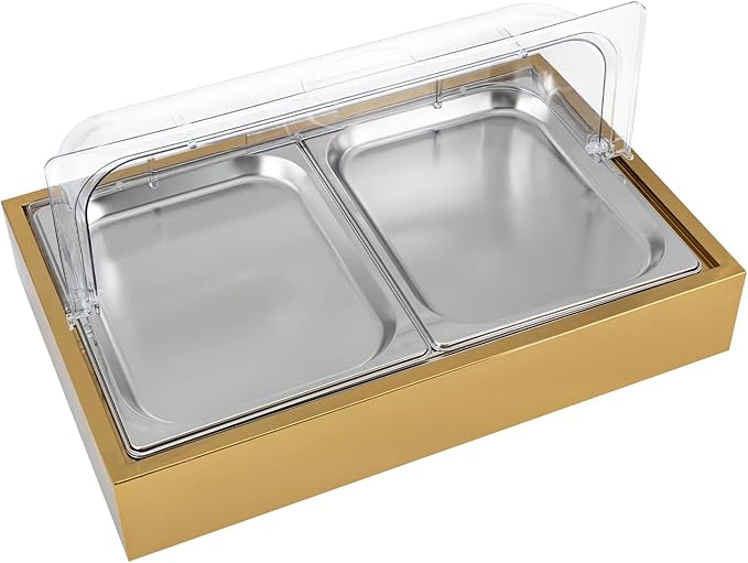 Ice Food Serving Display Tray, 3L 2 Pan Spice Display Salad Dressing Cooler Food Dishes Display Plate Case w/Clear Roll Top Cover for Outdoor Buffets Parties & Restaurant (Gold)