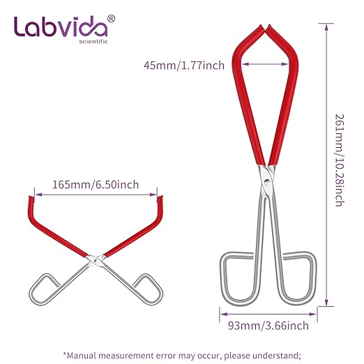 Labs Beaker Tongs, Red Rubber Coated Ends, Nickel Plated 1/4" Steel, for 50mL - 2000mL Capacity, Durable Beaker Clip Pliers Tool Used in Laboratories and Household