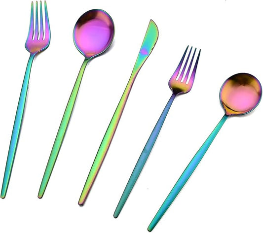 30-Piece Stainless Steel Silverware Set, Attractive Matte Finished Flatware Set, Serving for 6, Classic Cutlery set for Home/Restaurant，Includes Dessert Spoons Forks - Rainbow