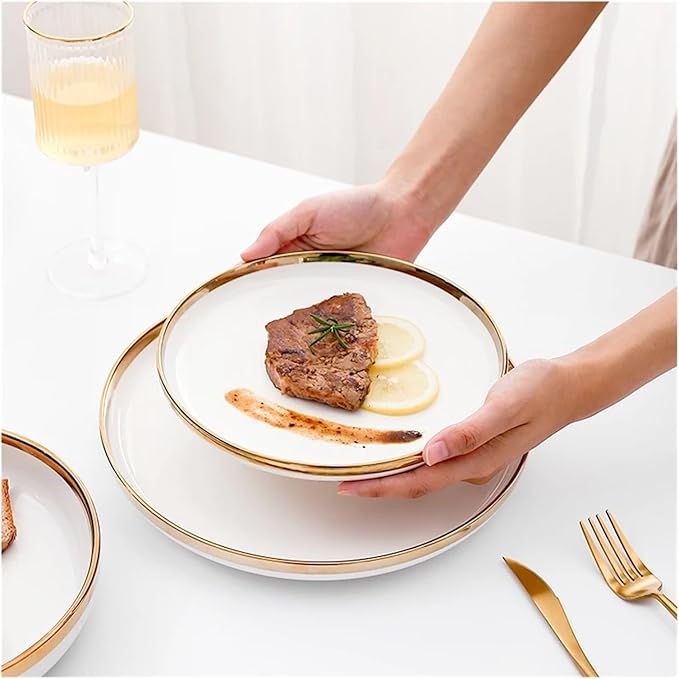 Dinnerware Set Gold Bright White Porcelain Dinner Sets Ceramic Bowl Dish Plates Set Porcelain Dinnerware for Household Hotel Ceramic Plates and Bowls Sets