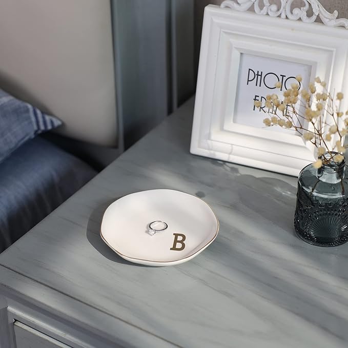 Initials Ring Dish Jewery Tray with Personalized B-Monogrammed Gifts Wedding Engagement for Women Friends sister,Ceramic White