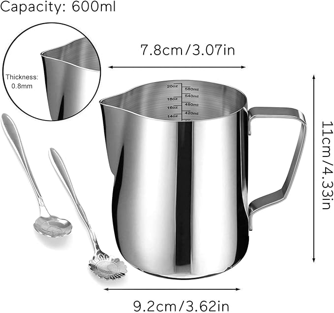 Milk Frothing Pitcher Cup, 20oz/600ML Milk Frother Cup Stainless Steel Steaming Pitcher Milk Jug Coffee Latte Art Cappuccino Espresso Machine Accessories Barista Steam Pitchers Attached Dessert Spoons