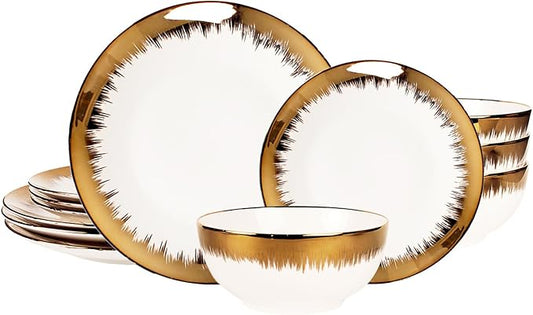 Dinnerware Sets(12Pcs) Serves for 4, Modern Dinnerware, Gilded Edge Plates and Bowls Set with 8.3"Small Plate 10.2"dinner Plate 6.1"Soup bowl, apply Indoor Outdoor (Gilded set)