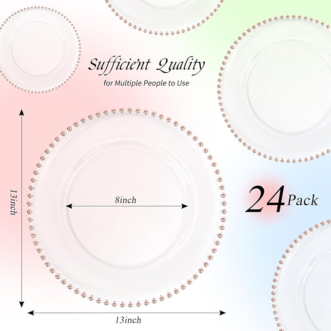 24 Pack Clear Charger Plates 13 Inch Clear Plastic Charger Plates with Beaded Rim Acrylic Round Dinner Plates for Home Kitchen Catering Wedding Table Event Party Dinner Tabletop Decoration (Pink)