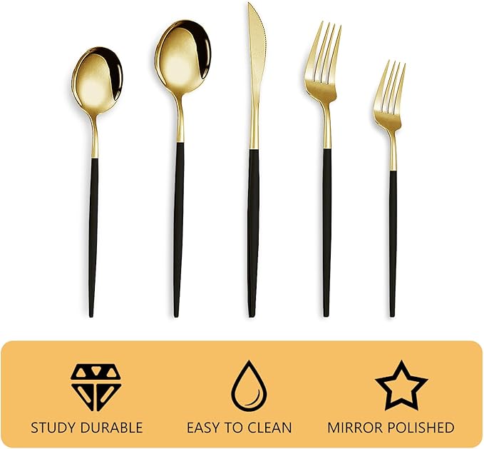 Kawlity Stainless Steel Serving Flatware Durable Black & Gold Polished Knives Spoon Forks 30 Pcs Utensil Dinner Tableware, for Kitchen Dishwasher Adults and Children Ideal Gift