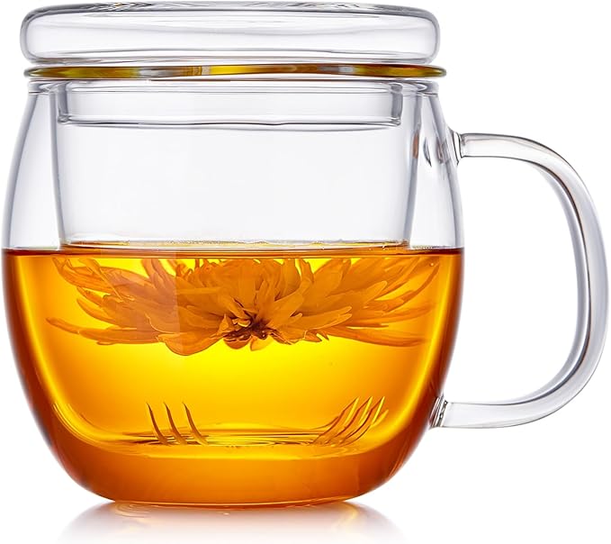 Glass Tea Cup with Infuser and Lid, 17oz/500ml Large Borosilicate Teacup, Clear Mug for Loose Leaf Tea, Blooming Tea, Tea Bags - Perfect Christmas or Birthday Gift for Women.