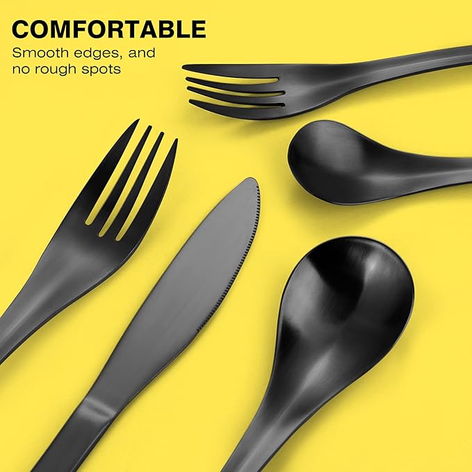 Black Silverware Set, Bysta 40-Piece Flatware Set, Stainless Steel Utensils Service for 8, Tableware Cutlery Set for Home and Restaurant, Include Knife/Fork/Spoon, Satin Finish, Dishwasher Safe