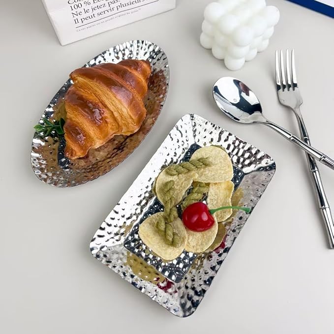 Mini Serving Platter Stainless Steel Serving Tray Hammered Square 6.3 x 4 Inch Small Dessert Plates Coffee Table Tray Decorative Plates for Kitchen Party Silver