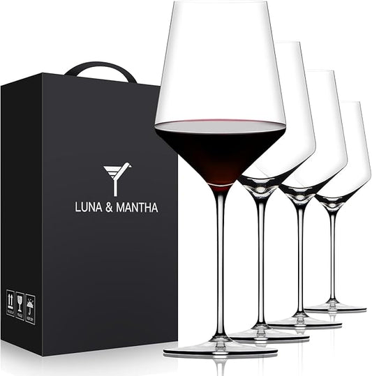 OJA Red Wine Glasses Set of 4, Hand Blown Premium Crystal Wine Glasses, 17 oz, Long Stem,Thin Rim, Perfect for Red or White, Daily Use, Unique Wedding Anniversary or Birthday Gift