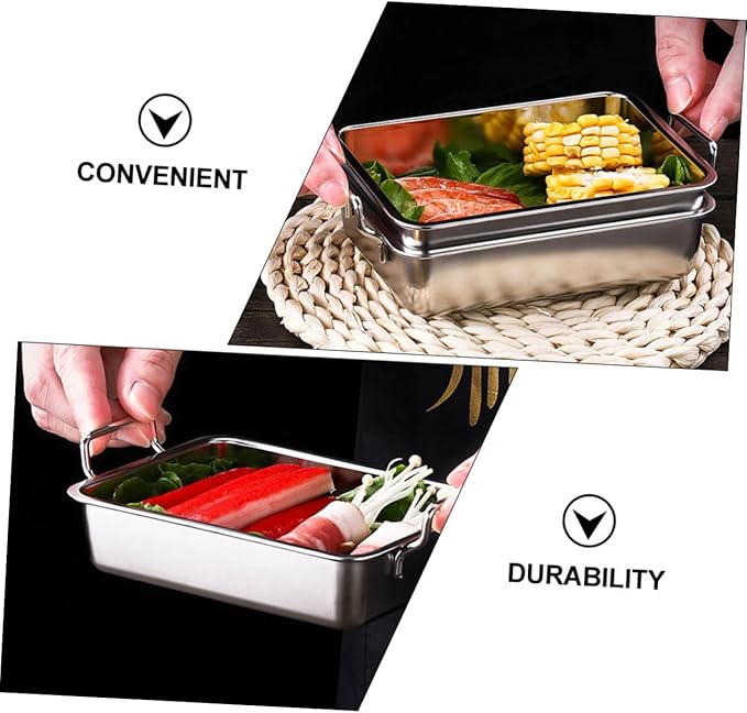 VOSAREA 1Pc Stainless Steel Food Tray with Handles Smooth Surface Snack Holder for Barbecue Fruits and Snacks Practical Silver Platter for Easy Serving