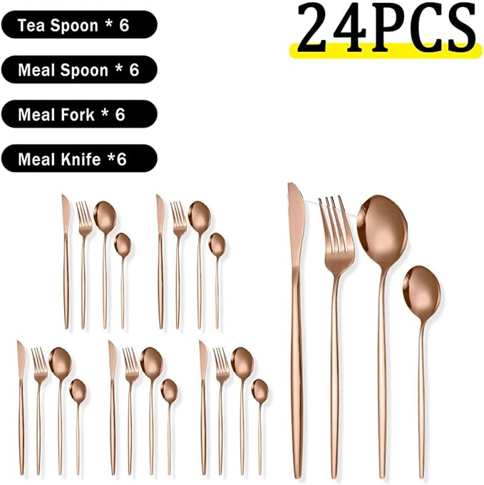 Serving Set Stainless Steel Tableware for 24 PCS, Mirror Polished, Slim Handle Serving Set for 6 for Formal Events, Parties, Food Barbeque, Dishwasher Safe(Rose Gold,C)