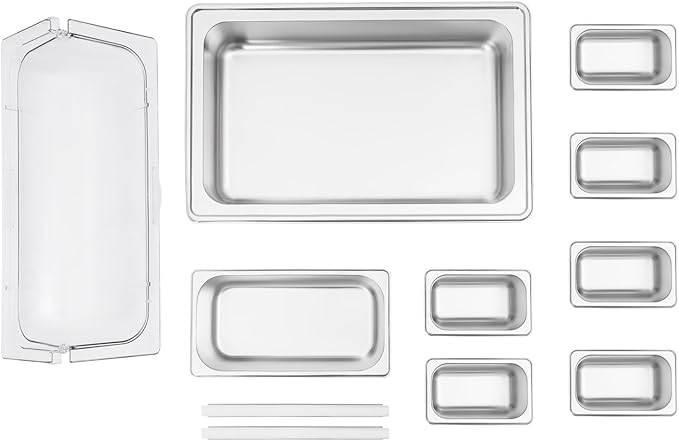 7 Compartments Food Serving Display Container, 7 Pans Countertop Ice Food Serving Display Container Stainless Steel Buffet Food Display Serving Tray with Clear Roll Top Cover Serving Dish