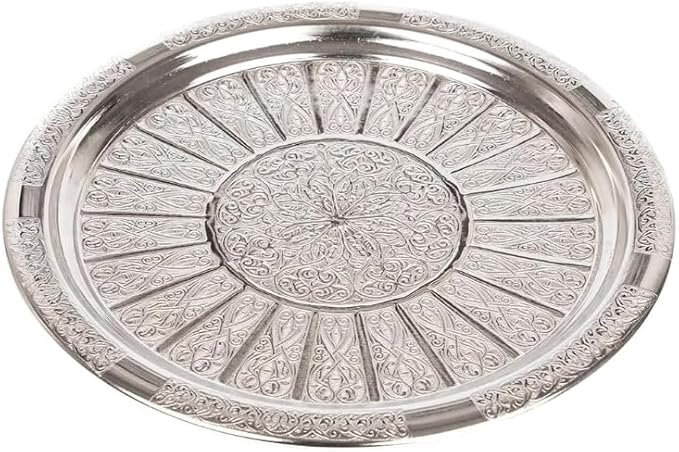Handcrafted Turkish Copper Serving Tray with Silver Embroidery - (8.7 inch) Traditional Gaziantep Design, 3mm Thick